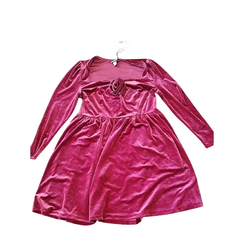 Ava & Viv Women XXL Velvet Dress Rosette Square Neck Long Sleeve